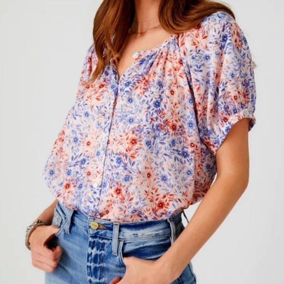 Fifteen Twenty Floral Short Puff Sleeve Button Up Peasant Top Size XS - Picture 1 of 9